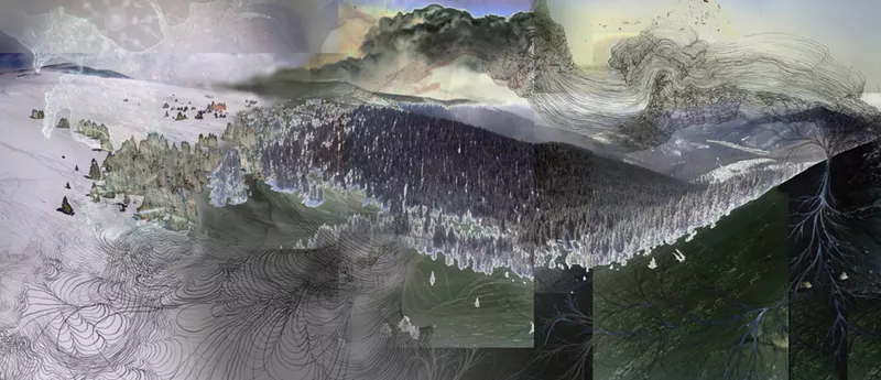 Image: Kia Neill, "Language of Evolving Trails," digital collage of photography, drawing and painting. Archival Di-Bond print, 2016. Permanent collection of Southwest Airlines Hobby International Airport.