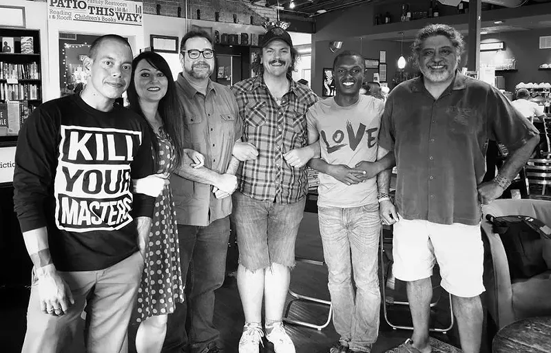 Image: Hillary Leftwich and a few poetic guys at At the Inkwell Denver: Men of Verse.