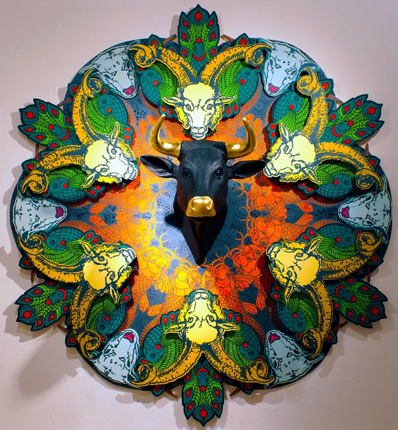 Image: Justin Maes, "The Son" from "Three Bags Full," 2011, wood, acrylic, fiberglass and gold leaf.