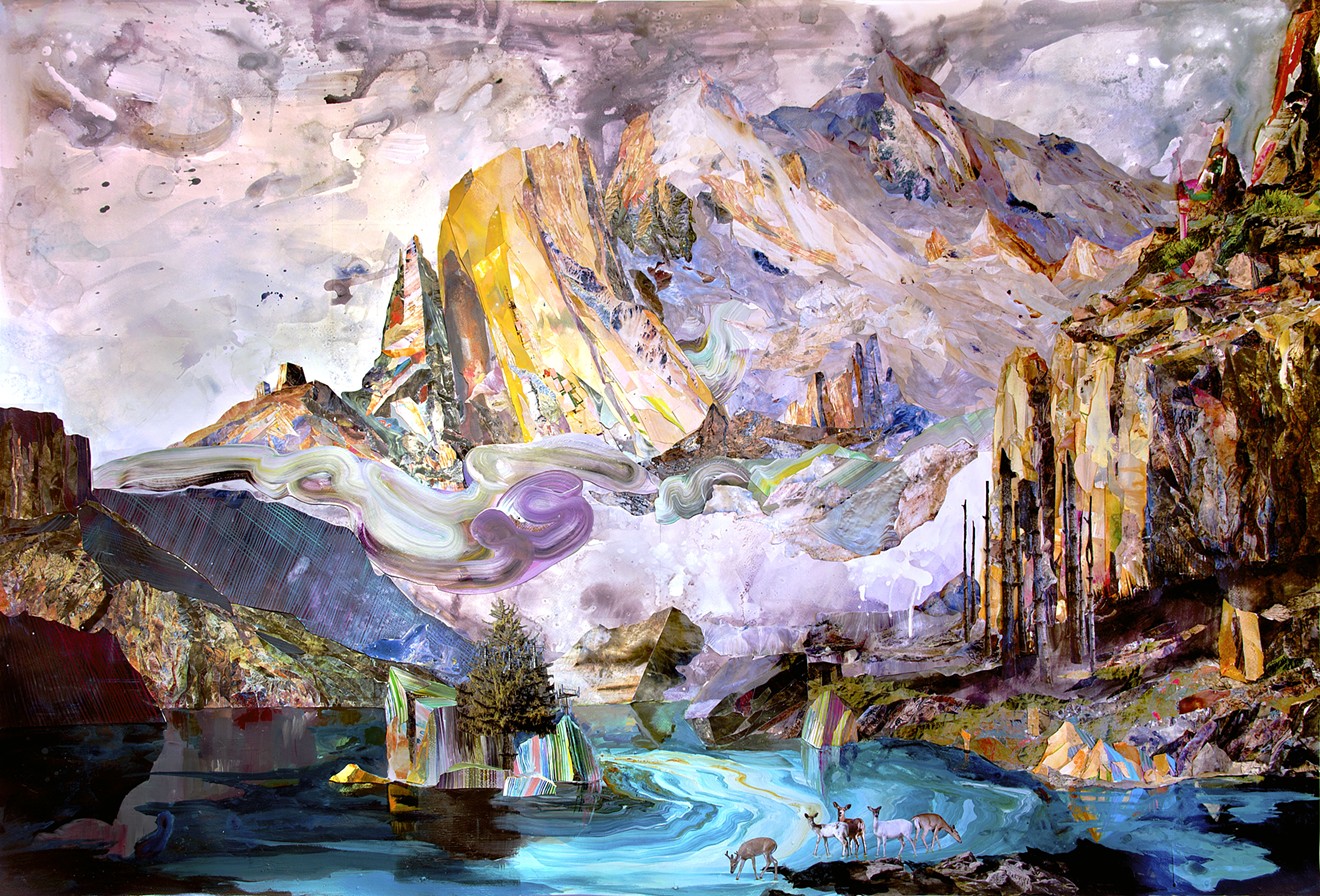 Libby Barbee, “Reimagining Bierstadt: Rocky Mountains,” collage on paper, 2012.