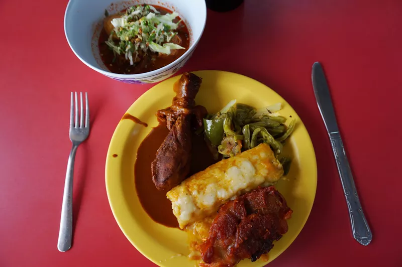 Image: Fill your plate with a little of everything at Guadalajara. That's a turkey tail on the bottom-right of the plate.