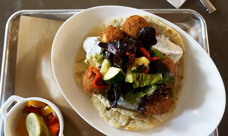 Image: Mercantile's falafel flatbread disguises hummus as falafel.