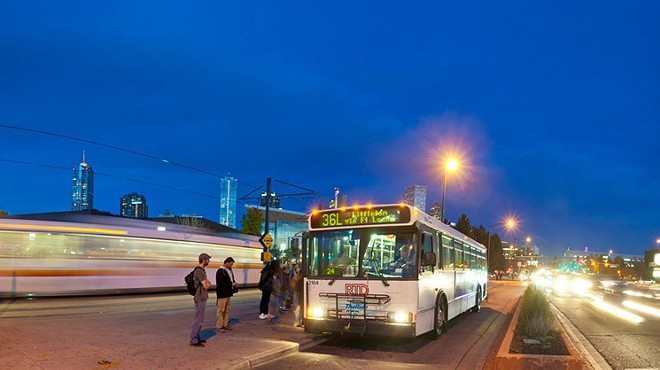 An RTD bus making a stop in Denver, Colorado.