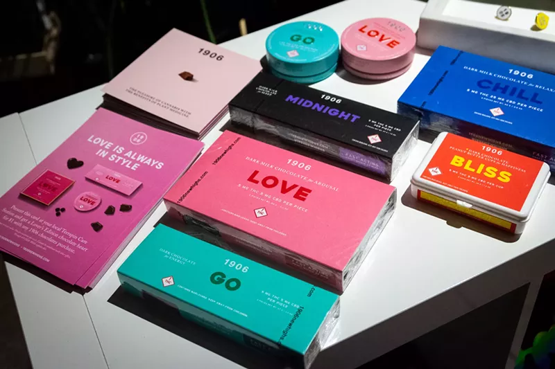 Image: A table full of 1906 cannabis edibles in colorful boxes