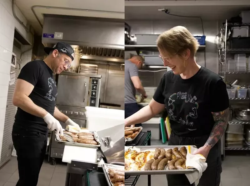 Image: split image of two people with trays of food