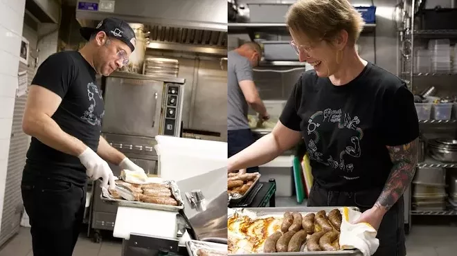 split image of two people with trays of food
