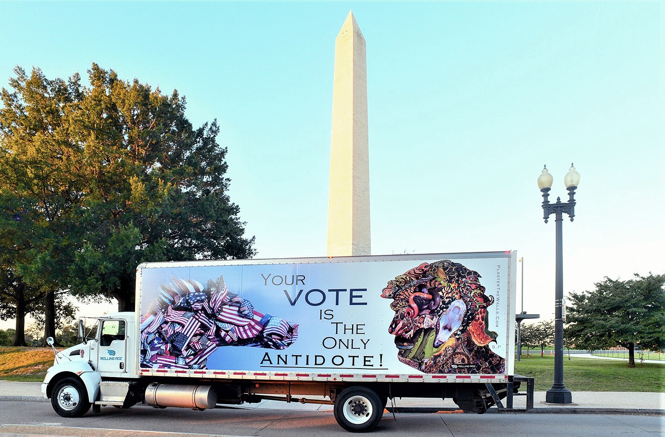 Artist Stephen Parlato designed this banner for the 2018 midterm election and hired a truck to drive it around Washington D.C.