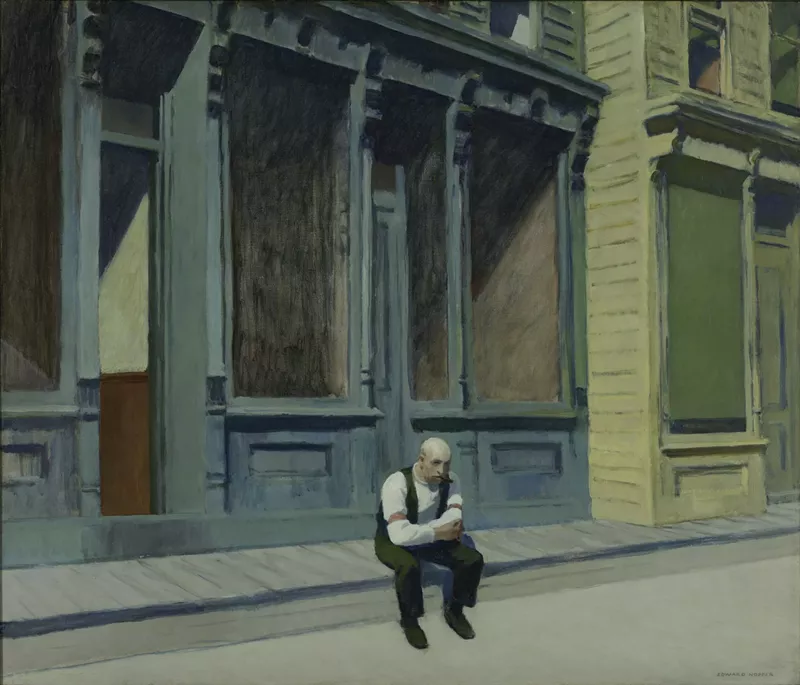 Image: painting of man sitting outside store