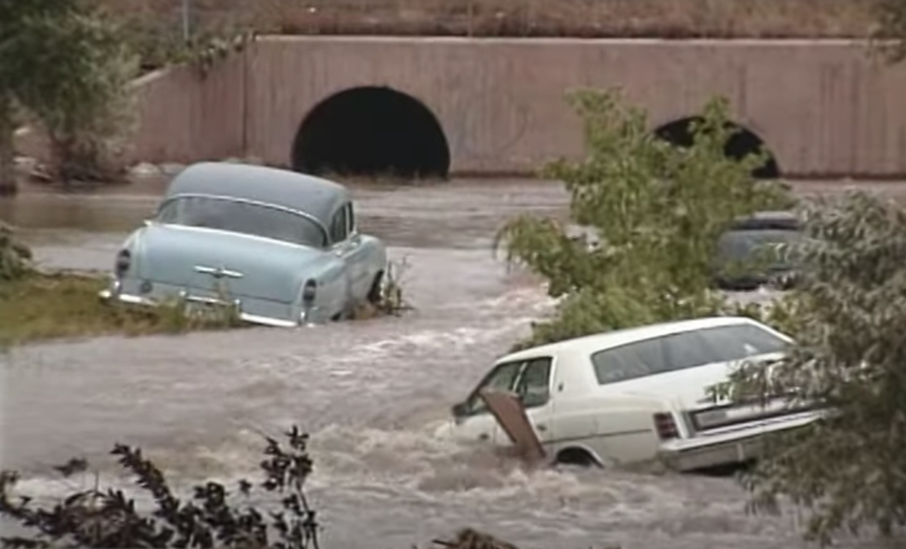 Cars stranded in floods waters during the Spring Creek flood of 1997.
