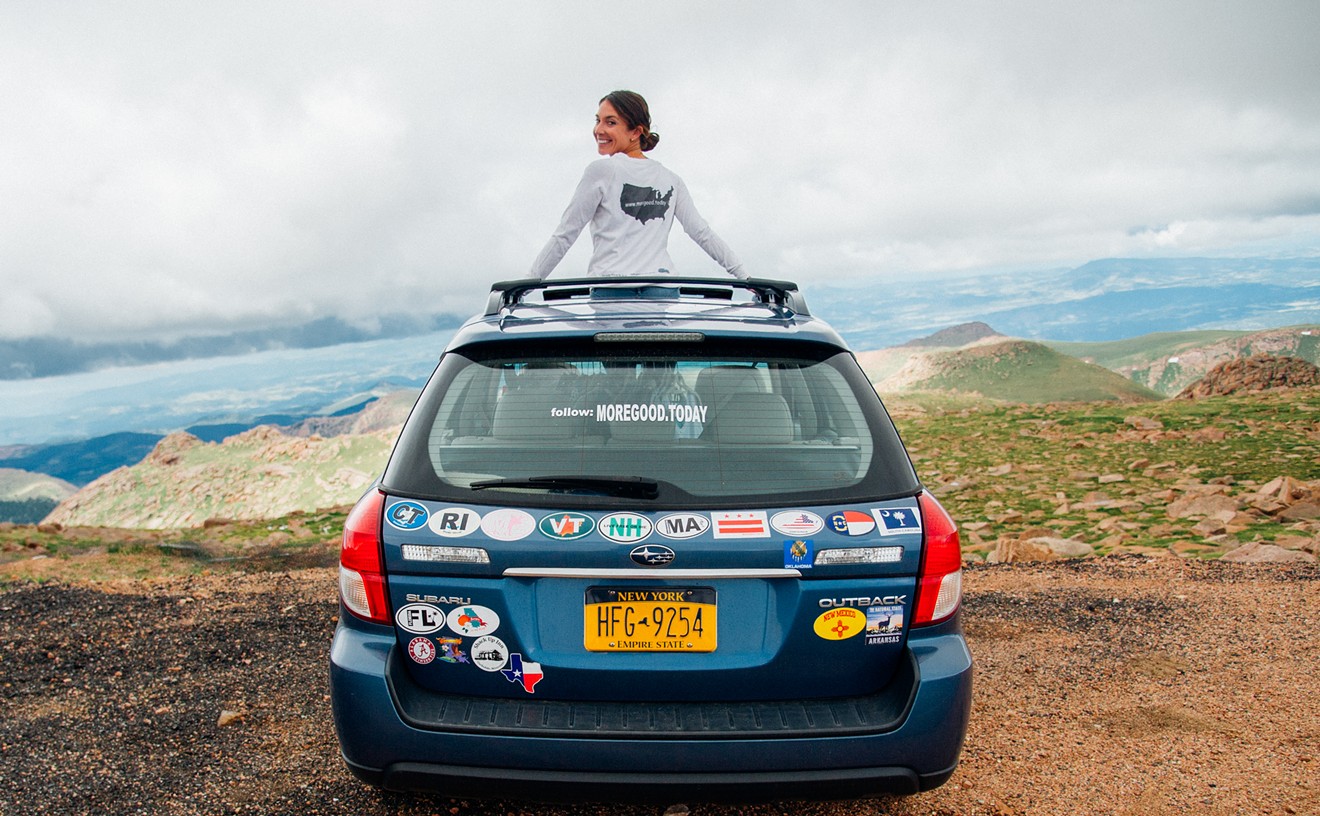 Mary Latham and her late mother's Subaru Outback. Latham is in Colorado, her twentieth state, to collect stories of human kindness.