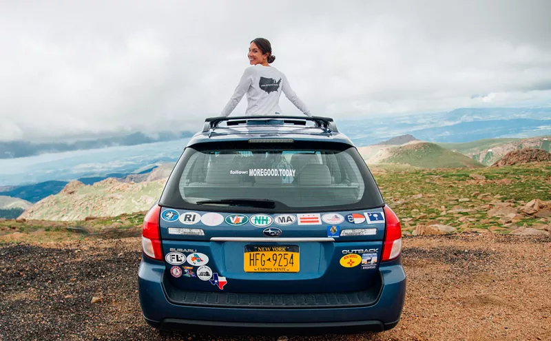 Image: Mary Latham and her late mother's Subaru Outback. Latham is in Colorado, her twentieth state, to collect stories of human kindness.
