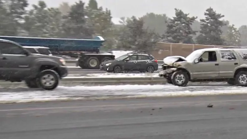 Image: These two cars were part of a head-on collision on Interstate 70 near Ward Road during yesterday's snowstorm.