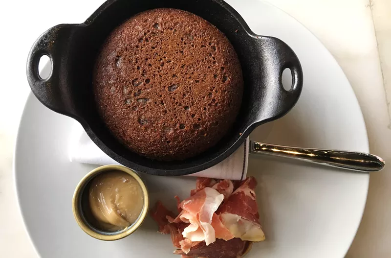 Image: Anson Mills blue cornbread with red-eye butter and Surryano ham.