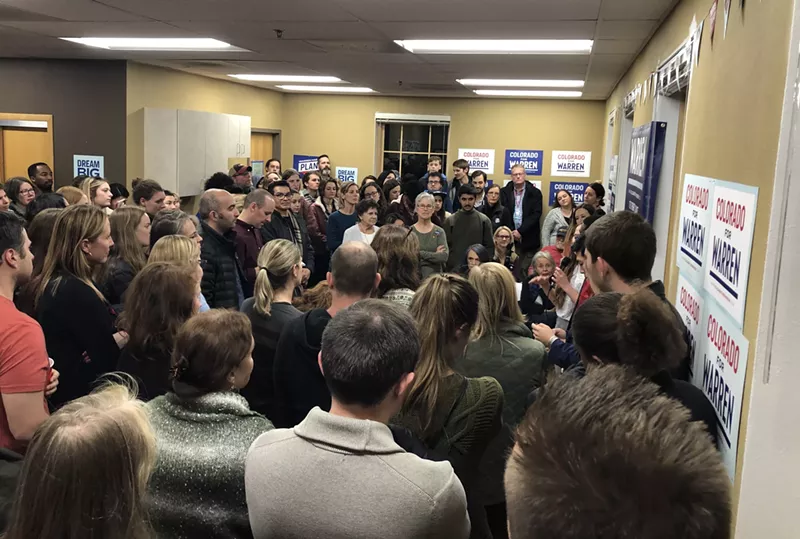 Image: Supporters of Senator Elizabeth Warren's presidential campaign gathered to celebrate the opening of her Denver office on December 11, 2019.