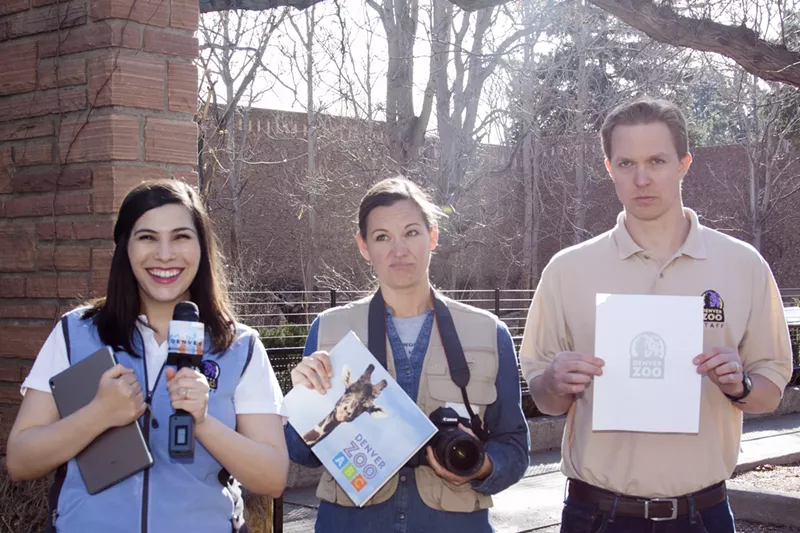 Image: From left to right: Denver Zoo public-relations coordinator Marina Belisle, photographer and design and interactive manager Charlotte Bassin, and public-relations manager Sean Andersen-Vie reenact Saturday Night Live's zoo pornographer sketch.