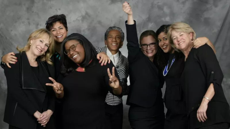 Image: The current members of the Denver Board of Education (from left): Barbara O'Brien, Lisa Flores, Jennifer Bacon, Allegra "Happy" Haynes, Carrie Olson, Angela Cobián and Anne Rowe.