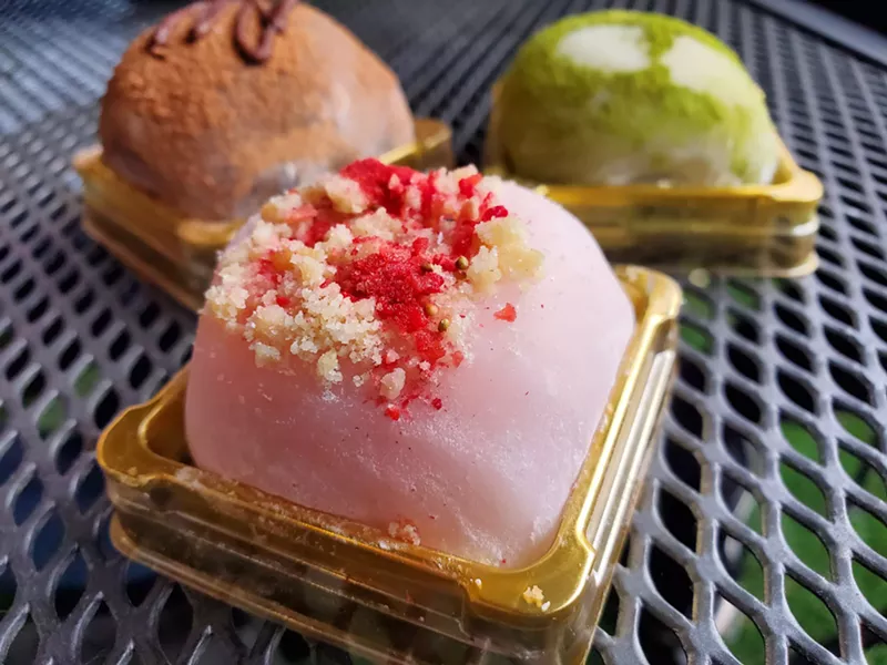 Image: pink mochi with pink and white crumbles on top