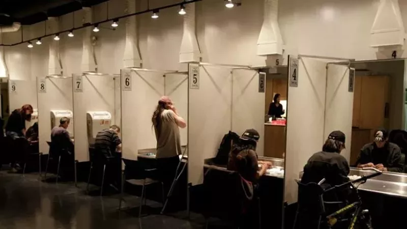 Image: Injection booths at Insite, a supervised injection site in Vancouver visited by a delegation from Denver in January.