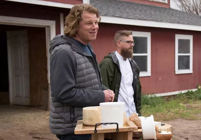 Image: Chef Alex Seidel (left) at Fruition Farms with cheese maker Jimmy Warren.