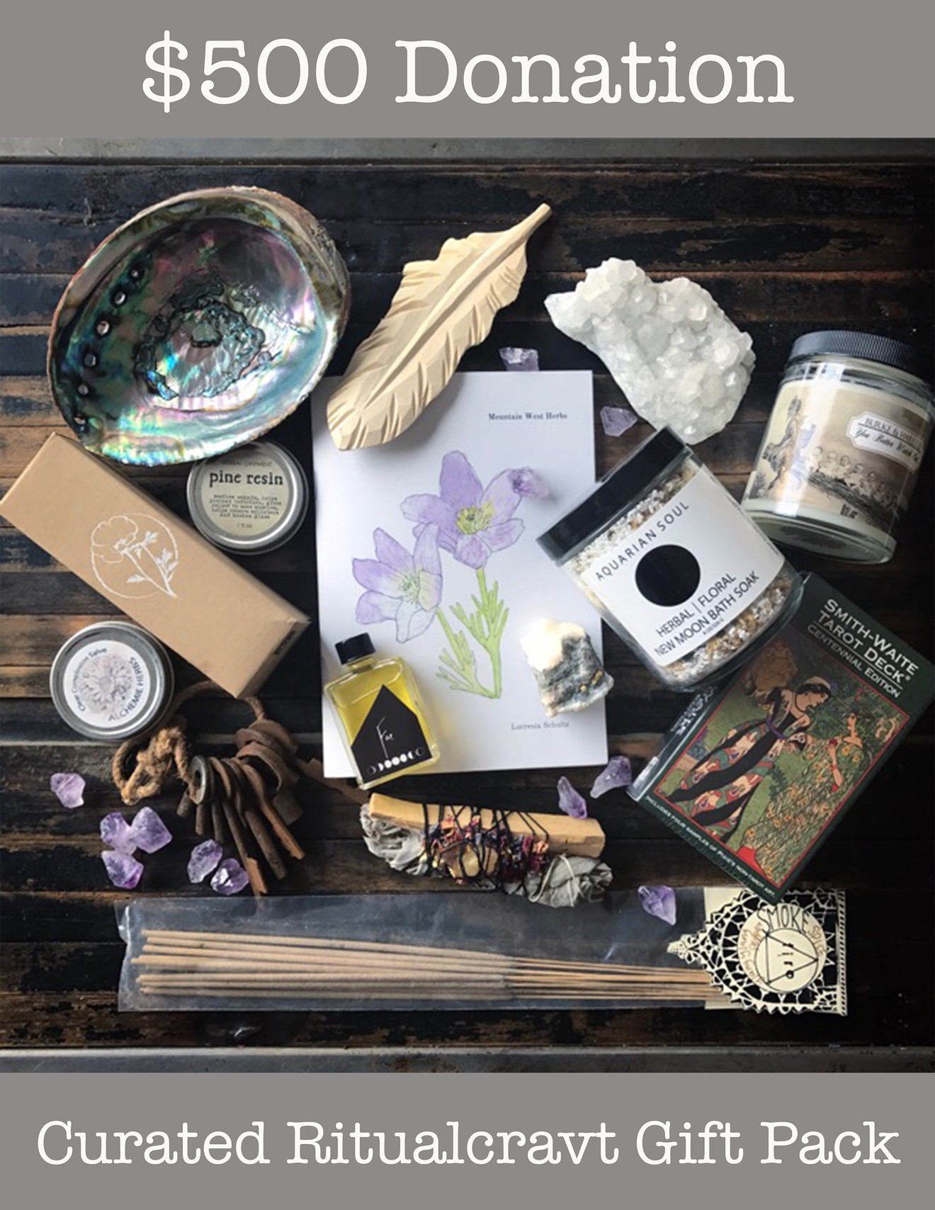 Incentives for donating include a dreamy, crystal-filled gift pack from Ritualcravt.