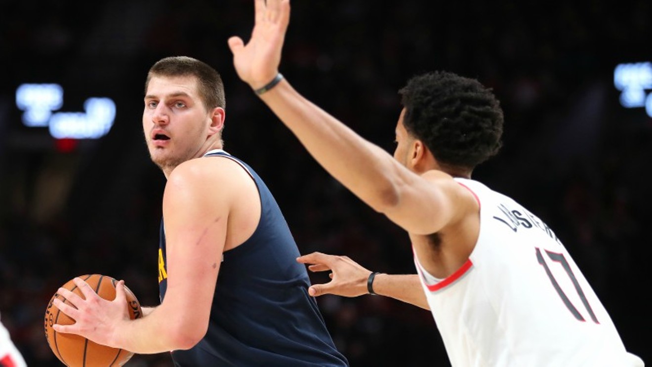 Denver Nuggets center Nikola Jokic looks to pass during the team's 108-100 victory over the Portland Trail Blazers on October 23.