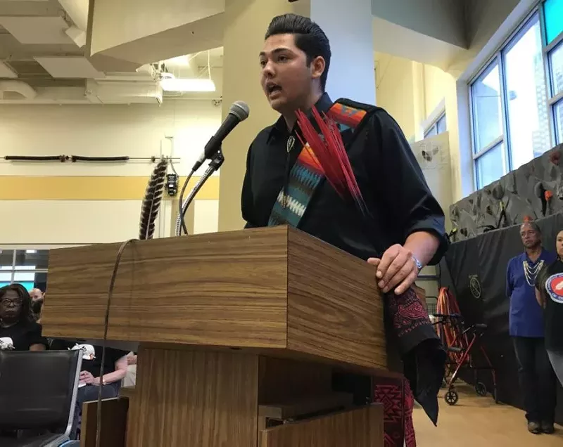 Image: Student Antonio Garcia speaks in favor of the American Indian Academy of Denver at a school board meeting in May 2018.