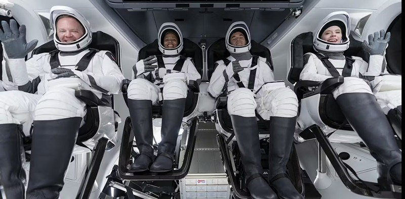 Crew members from the Inspiration4 mission; new research looks at the biological effects of their short trip to space.