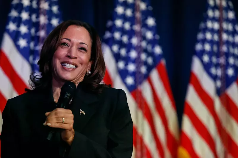 Image: kamala harris in front of flags.