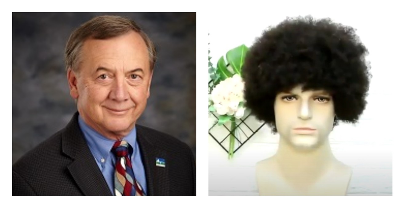 Don Overcash's official portrait for Loveland City Council and an Afro wig similar to ones seen in a controversial 2019 photo.