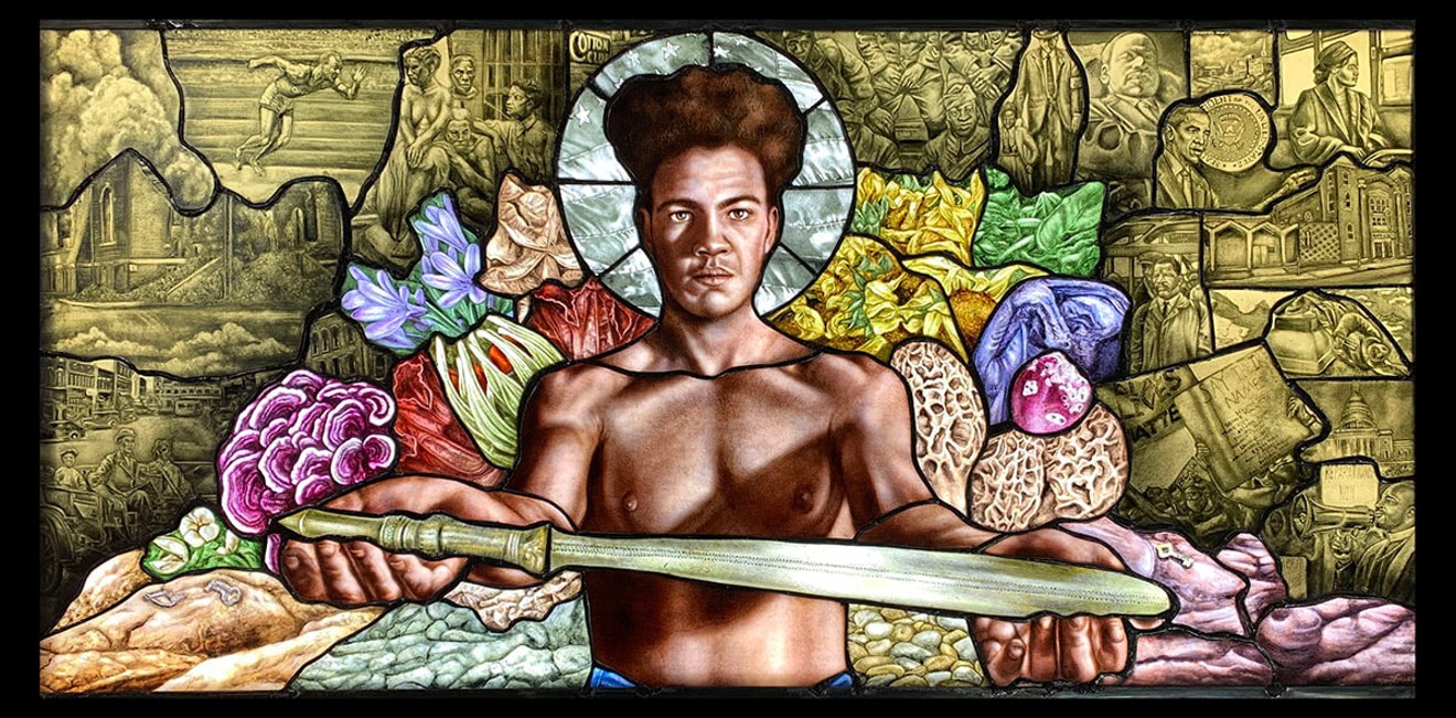 Maria Valentina Sheets, "Sword of Daniel (Portrait of nephew),” kiln-fired painted stained glass, soldered and framed.