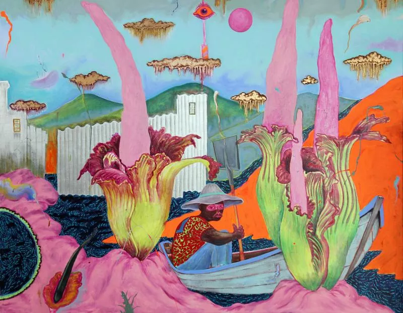 Image: Simphiwe Ndzube, “The Bloom of the Corpse Flower,” 2020, acrylic paint on canvas and mixed media.