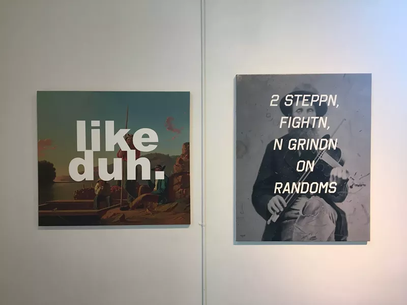 Image: Shawn Huckins, "The Wood-Boat: Like Duh," 2016, acrylic on canvas, and "Marshall Cottrell: Two Stepping, Fighting, And Grinding On Randoms," 2015, acrylic on canvas.