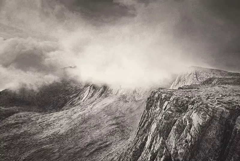 Image: Andrew Beckham, “A Cloud of Unknowing I,” charcoal, carbon ink, hand-gathered mica.