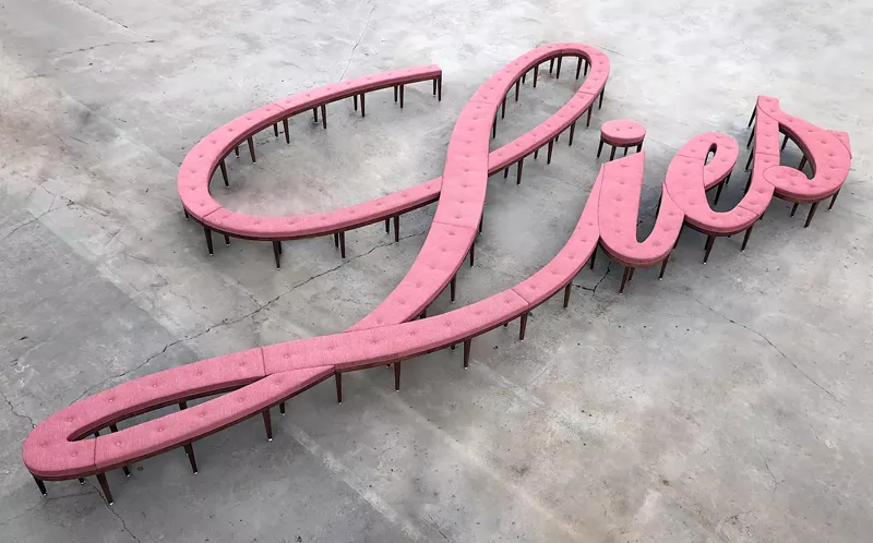 Image: Michael Beitz, "Lies Bench," 2019, maple and chenille, at the Arvada Center.