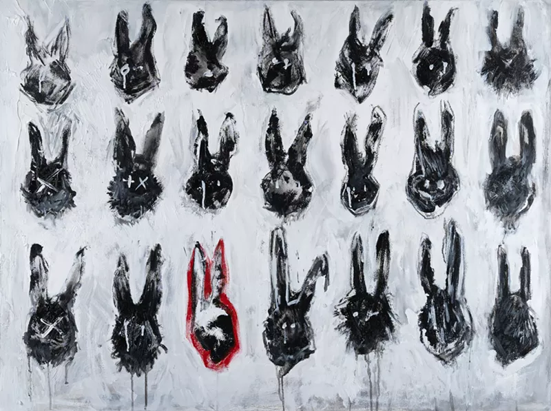 Image: "Beatnik Bunny No. 2,” mixed media on canvas, by Babe Walls artist Lin Fei Fei; on view at the BRDG Project.