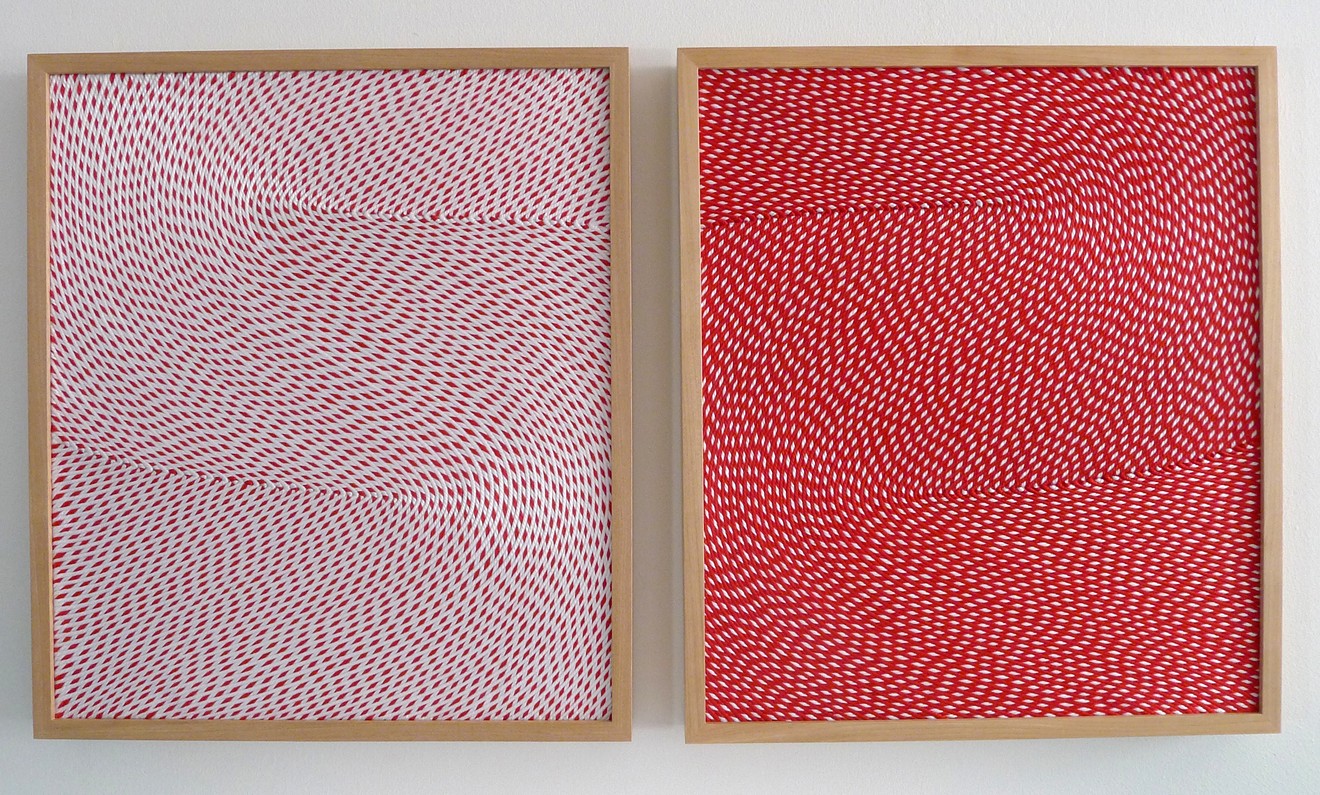 Matthew Larson, "White and Red" and “Red and White,"  2019, yarn on velcro, linen on panel.