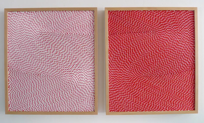 Image: Matthew Larson, "White and Red" and “Red and White," 2019, yarn on velcro, linen on panel.