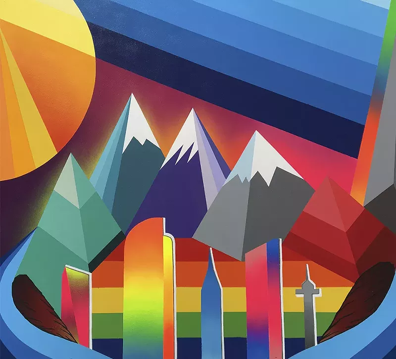 Image: A stylized mountain scene by Pat Milbery at the Center for Arts Evergreen.