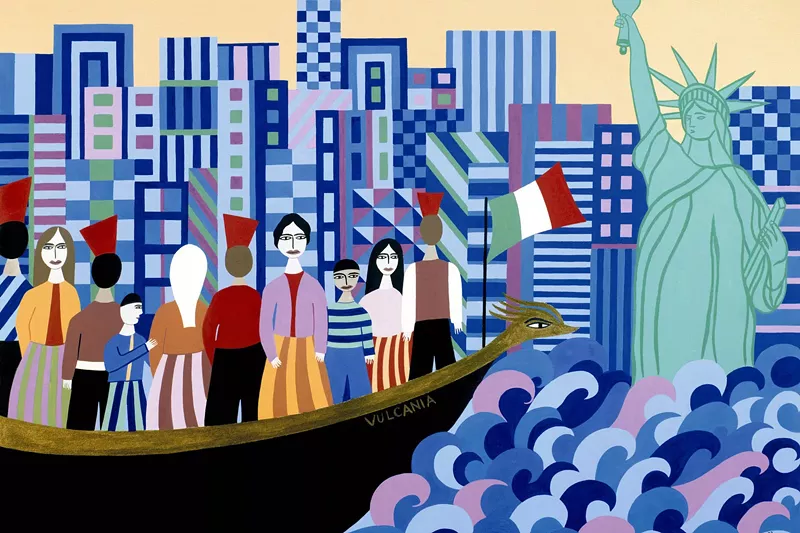 Image: Helen Zughaib, "Coming to America" (detail), 2003, gouache on board.
