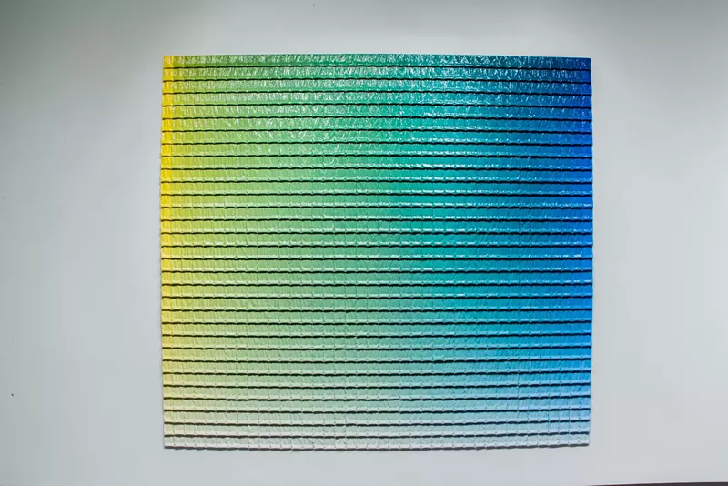 Image: Camila Friedman-Gerlicz, "Parametrization Series," detail, 2018, paint, steel, plastic bags.