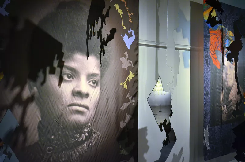 Image: Deborah Howard and Laurel McMechan, "Ida B Wells-Barnett," 2020, detail, mixed media. Pink Progression: Collaborations, Arvada Center.