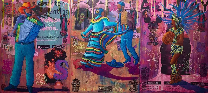 Image: Tony Ortega, “El Acordeonista,” “El Jarabe Tapatio” and “El Danzante Mexica con Tambor,” both acrylic and collage on panel.