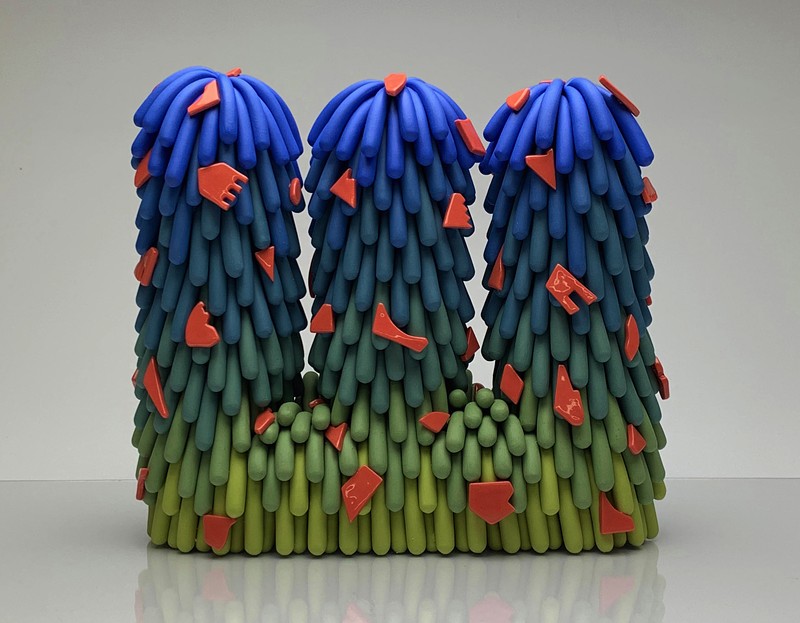 Linda Lopez, "Blue/Green Triple Dust Furry with Red Cutouts," 2019, porcelain.