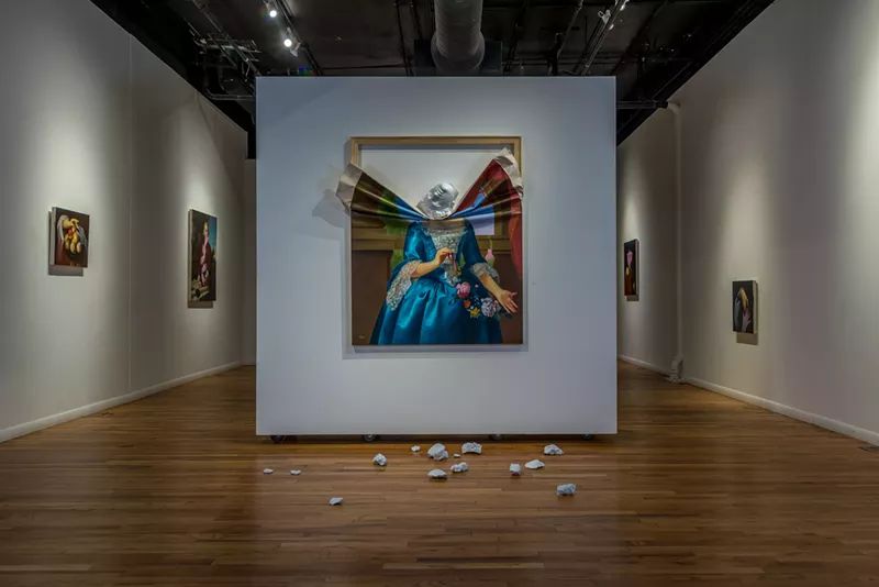 Image: Shawn Huckins, “(Mrs. Anne Fairchild Bowler),” 2020, acrylic on canvas, concrete, spray paint, stretcher bars.