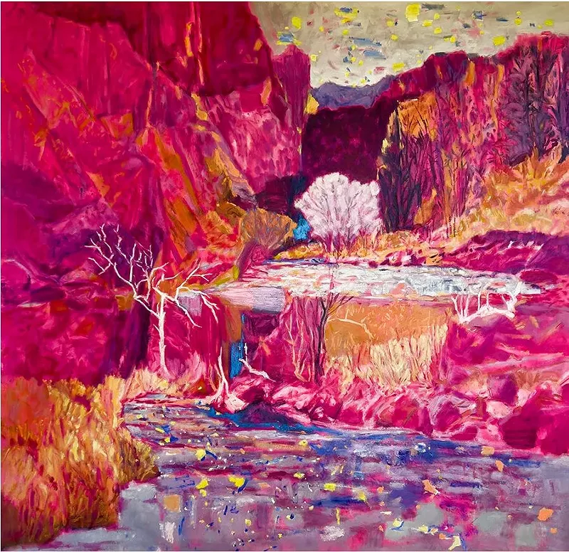 Image: Jo Bertini, “Breath of the Last Wild River,” 2021, oil and iridescent pigments on French polyester canvas.