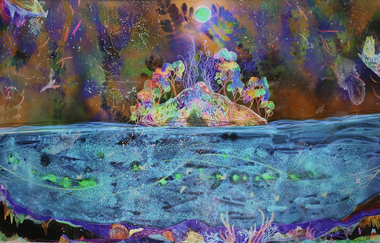 Christine Nguyen, "Auroral Island," 2021, archival pigment inks on Entrada Moab paper with salt crystals.