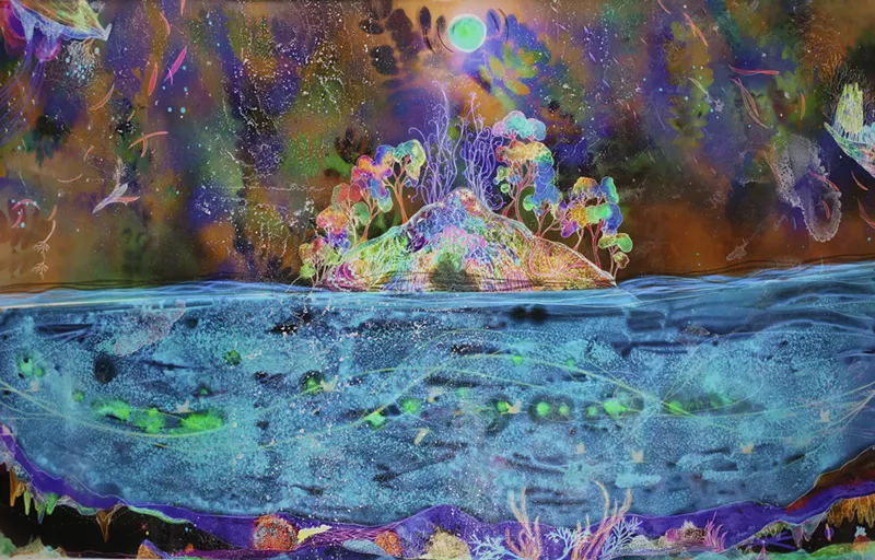 Image: Christine Nguyen, "Auroral Island," 2021, archival pigment inks on Entrada Moab paper with salt crystals.