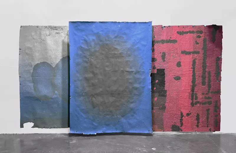 Image: Hong Hong, “Last Day of the Year,” 2019-2022, hand-formed paper made with fallen foliage, water from various bodies, sun, dust, repurposed paper products, Sumi ink, poem and pigment.
