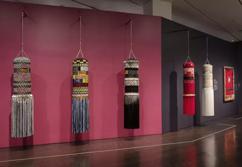 Image: Adorned punching bags by Jeffrey Gibson, found and ready-made materials.