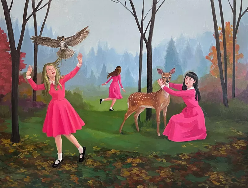 Image: Zoe Hawk, “Together Through The Wood,” 2023, oil on panel.